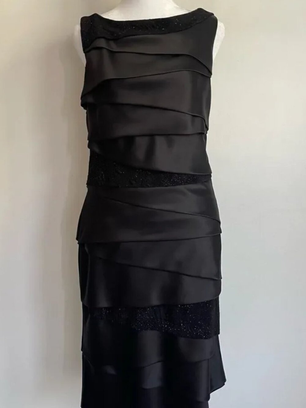 Black Satin Tiered Sequin Sparkle Formal Sleeveless Dress
